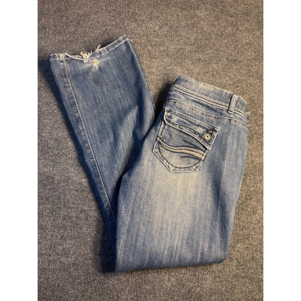 Charlotte Russe Boot Cut Jeans Womens 12 Blue Denim Stretch Mid Rise Distressed